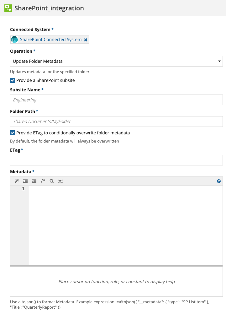 screenshot of the Update Folder Metadata operation selected in an integration object