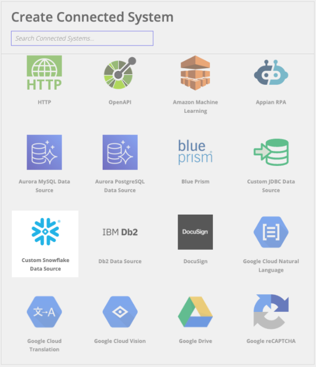 The new custom JDBC connected system template screen