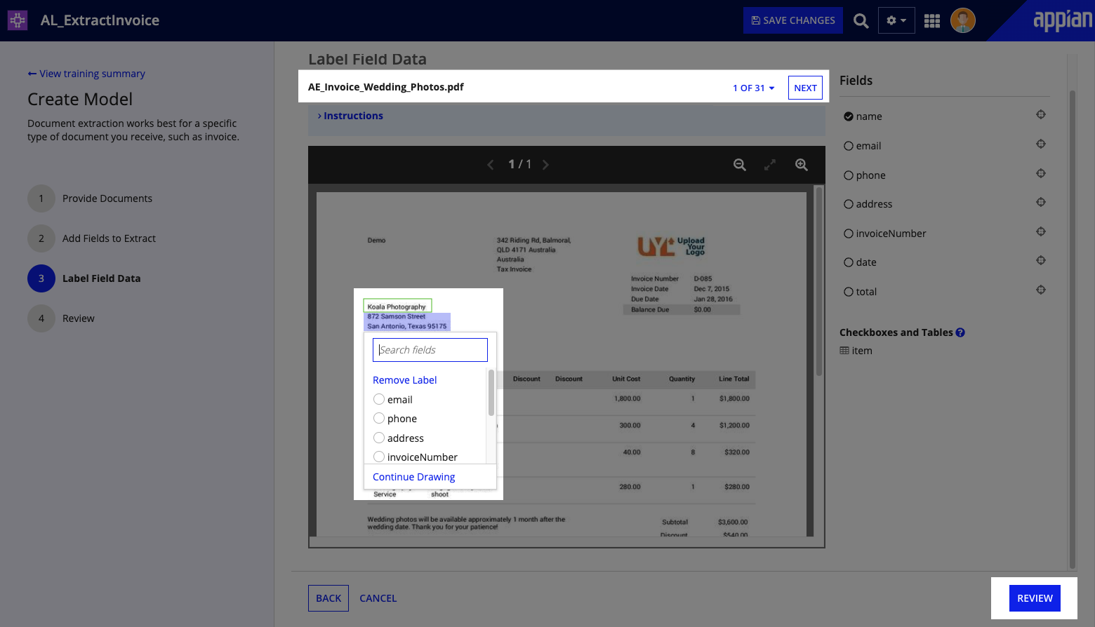 Label fields in the sample documents