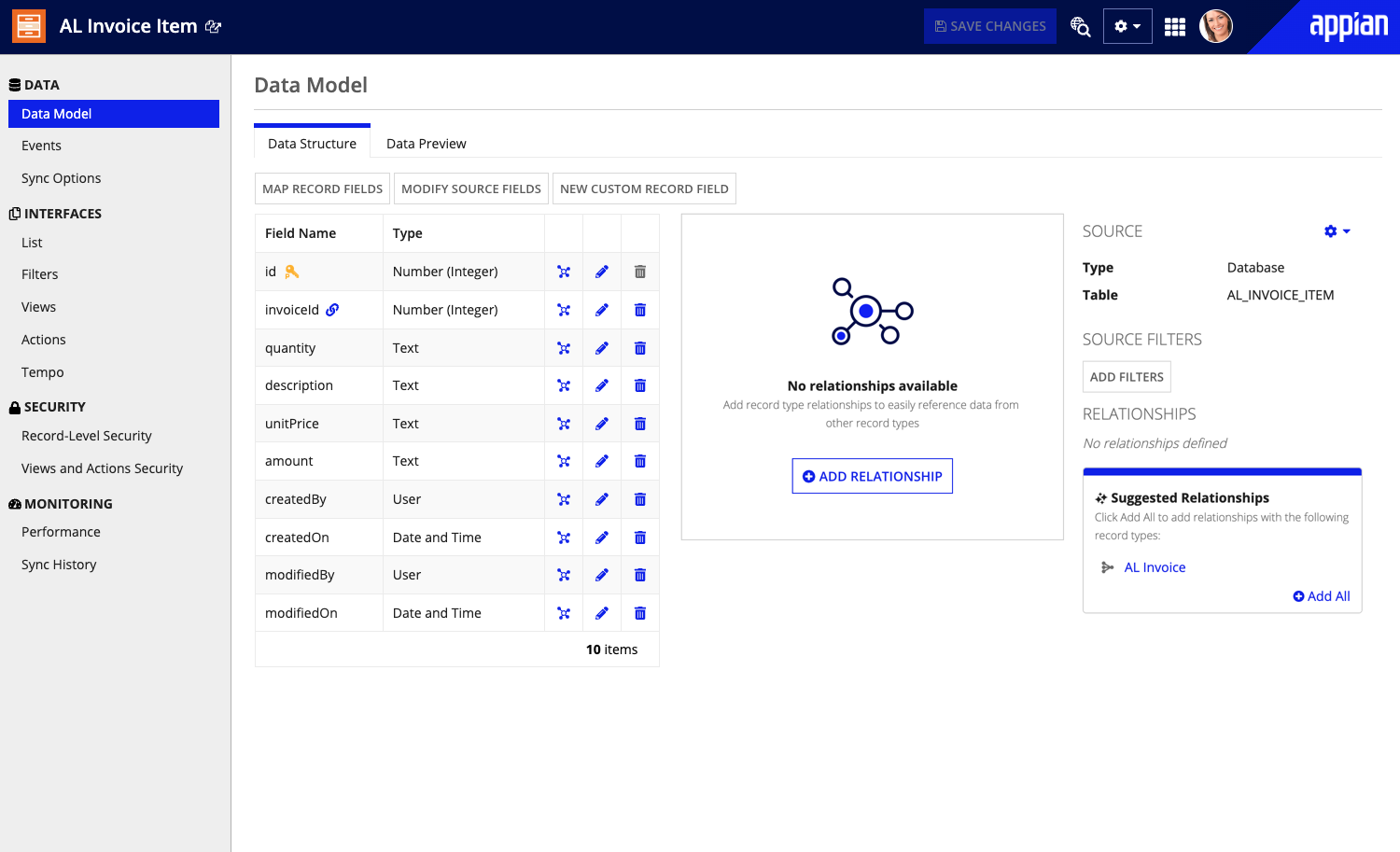 Record type to store tabulated items in an invoice