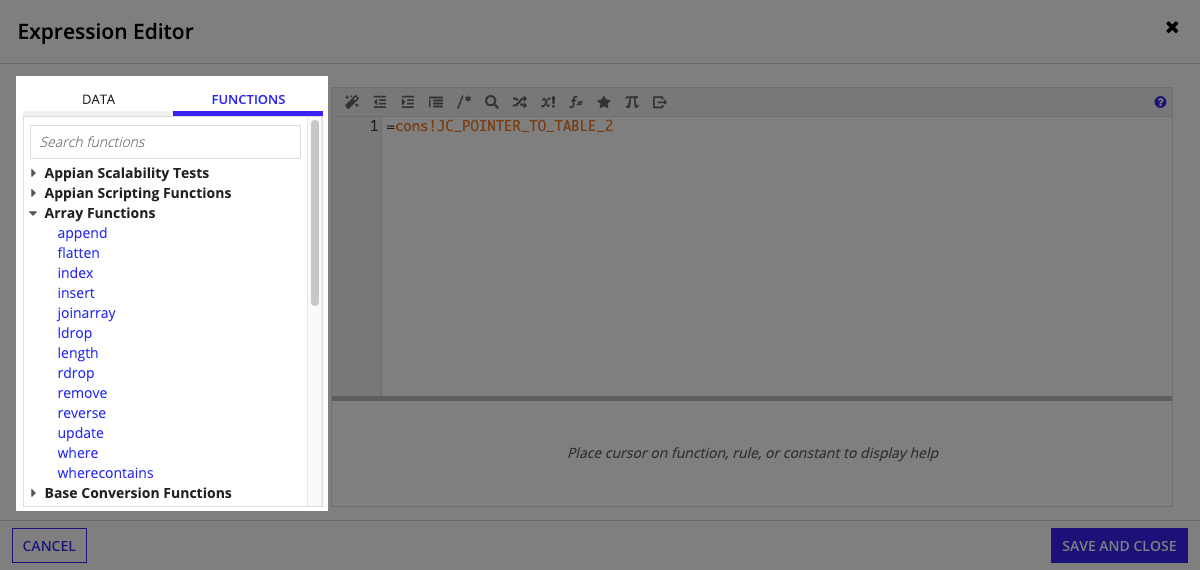 screenshot of the FUNCTIONS tab in the Expression Editor in process model