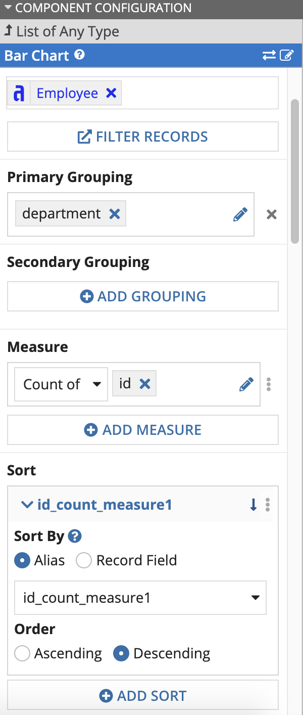 Design View config for the bar chart