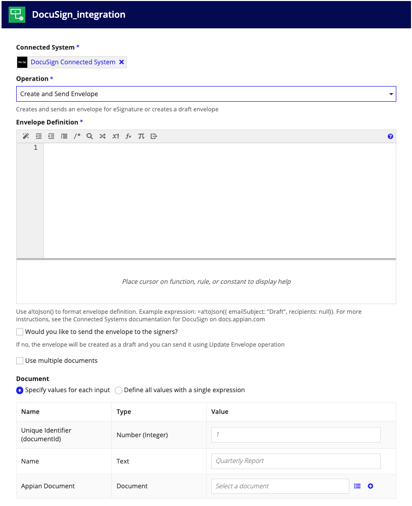 screenshot of the Create and Send Envelope operation selected in a DocuSign integration object