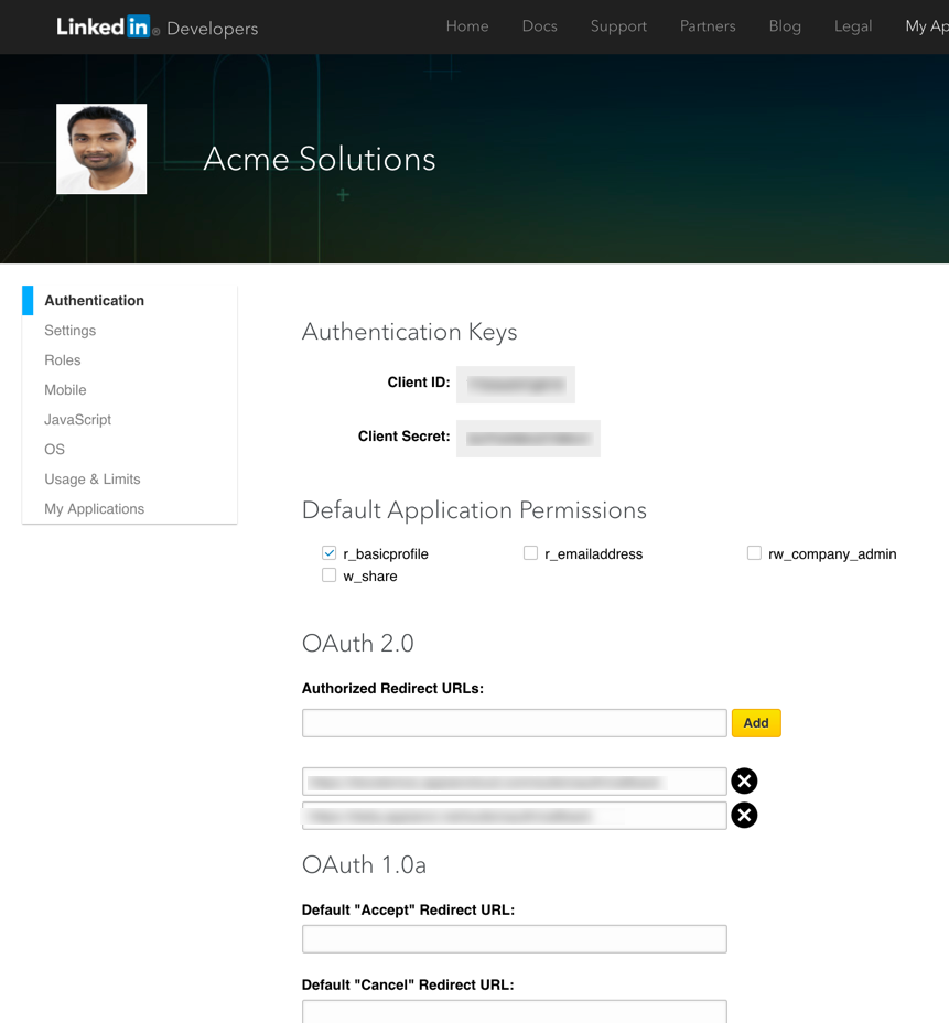 screenshot of OAuth registration in a third-party system