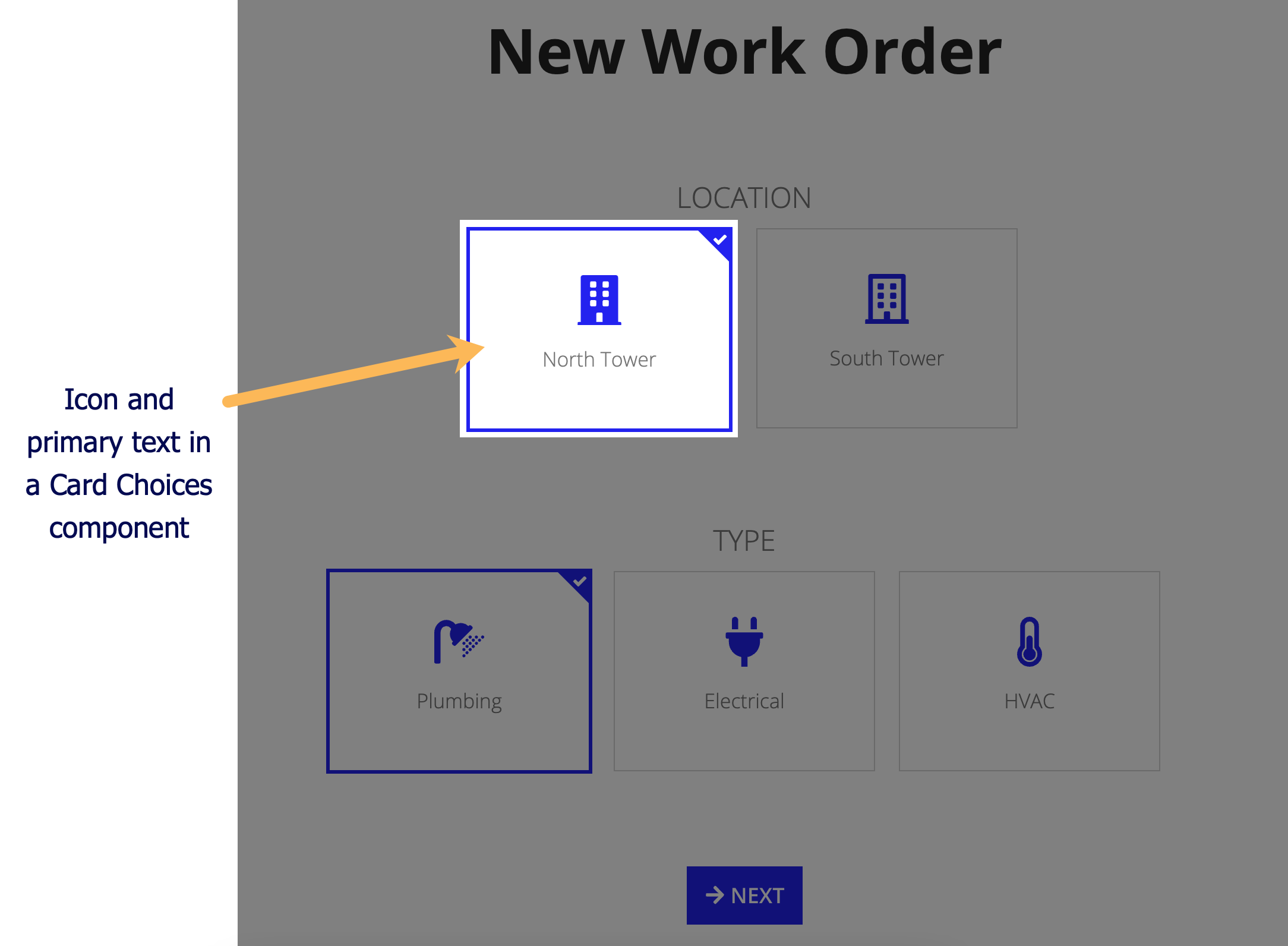 screenshot of the cards as choices pattern with callouts highlighting that the pattern contains a rich text icon and primary text within a card choices component