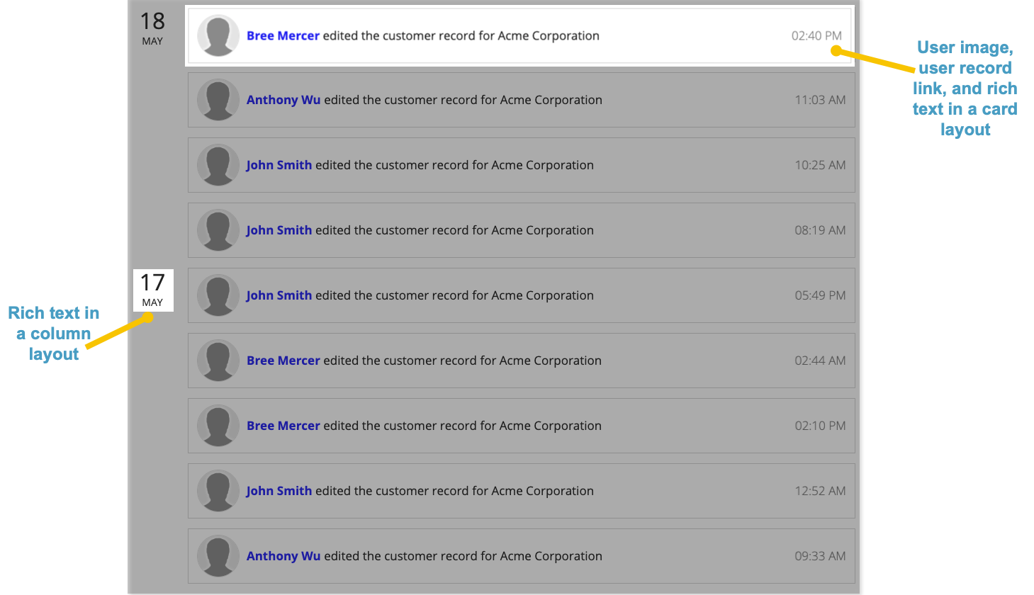 screenshot of the event timeline pattern with two callouts highlighting that there are user images, user record links, and rich text within a card layout to define the events, as well as rich text in a column layout to define the date that the event took place.