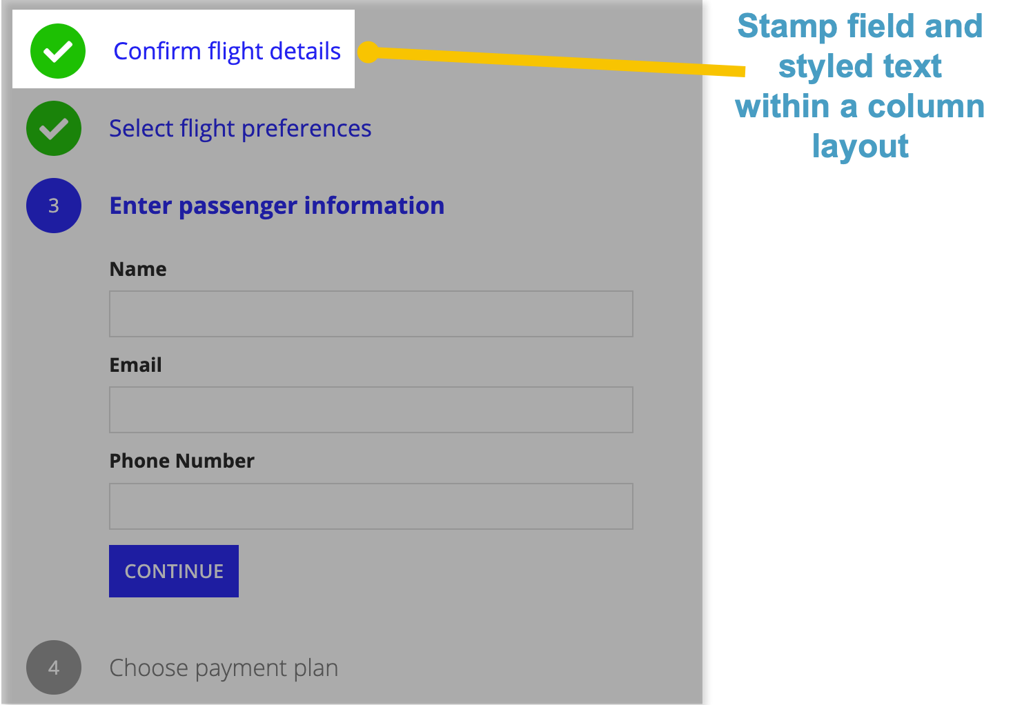 screenshot of the form steps pattern highlighting that there are stamp and rich text display components within a columns layout