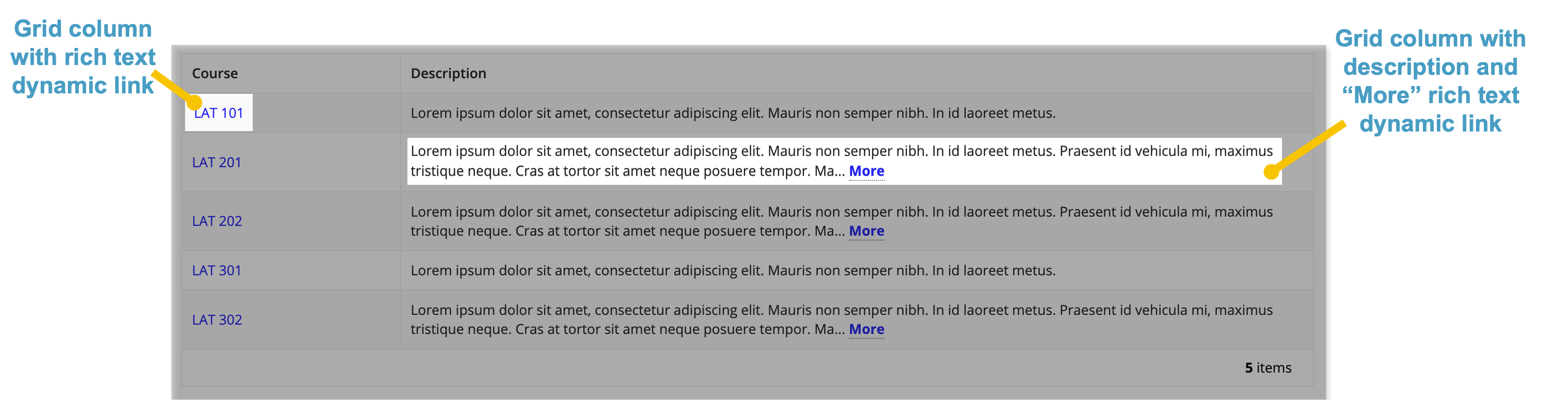 screenshot of the more-less pattern with callouts to point out the rich text dynamic links in the course and description grid columns