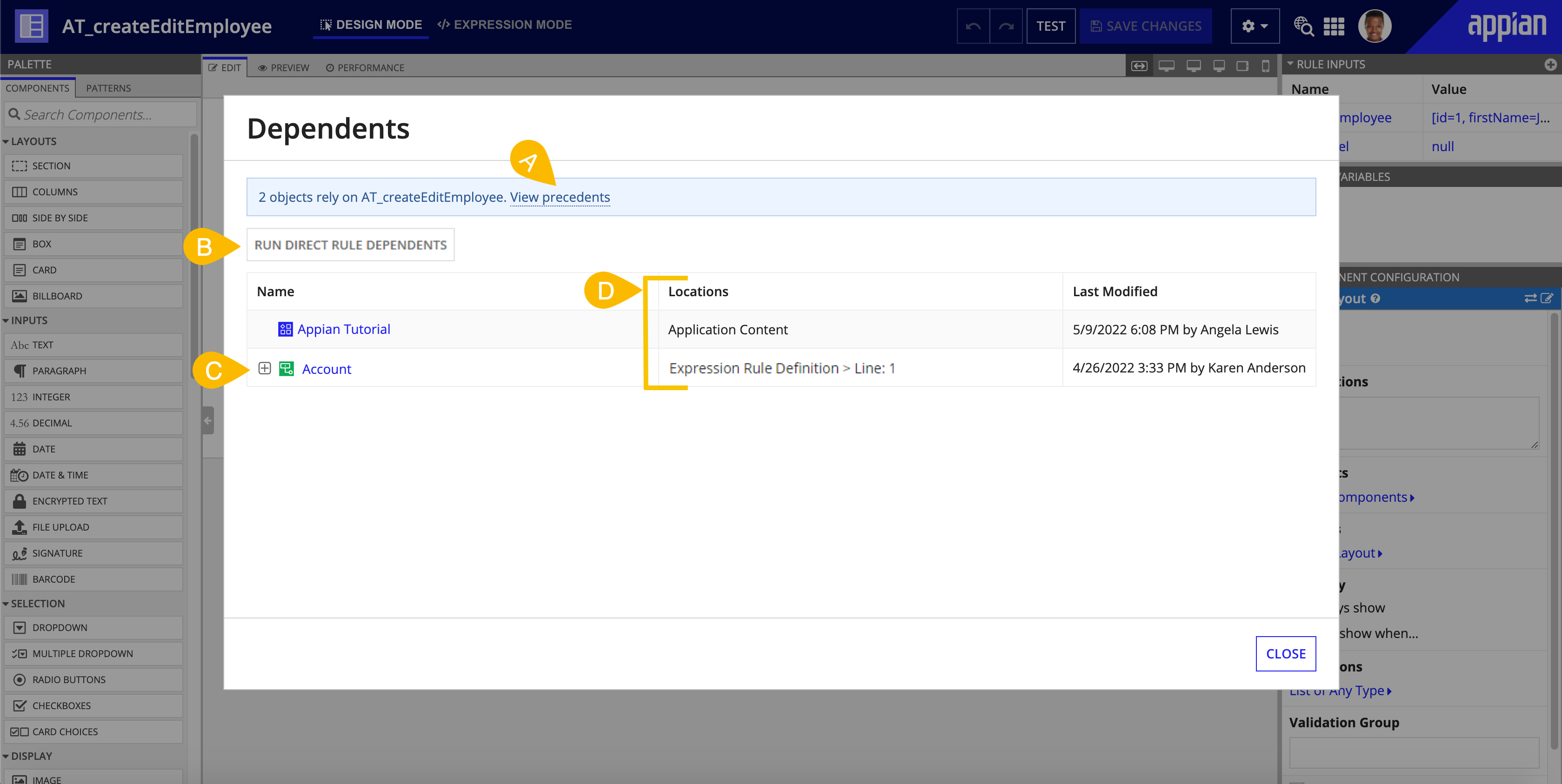 precedents dependents designer view dialog