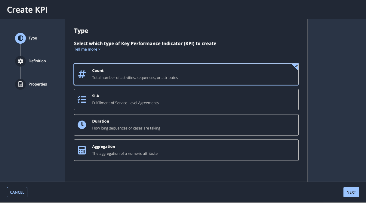 The Type step of the Create KPI dialog