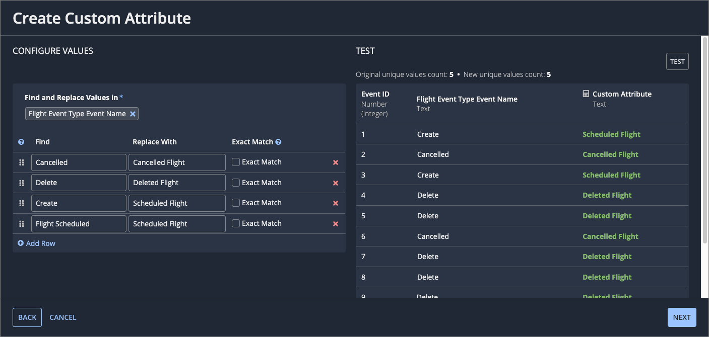 screenshot of the find and replace custom attribute page showing an example of how to replace activity names