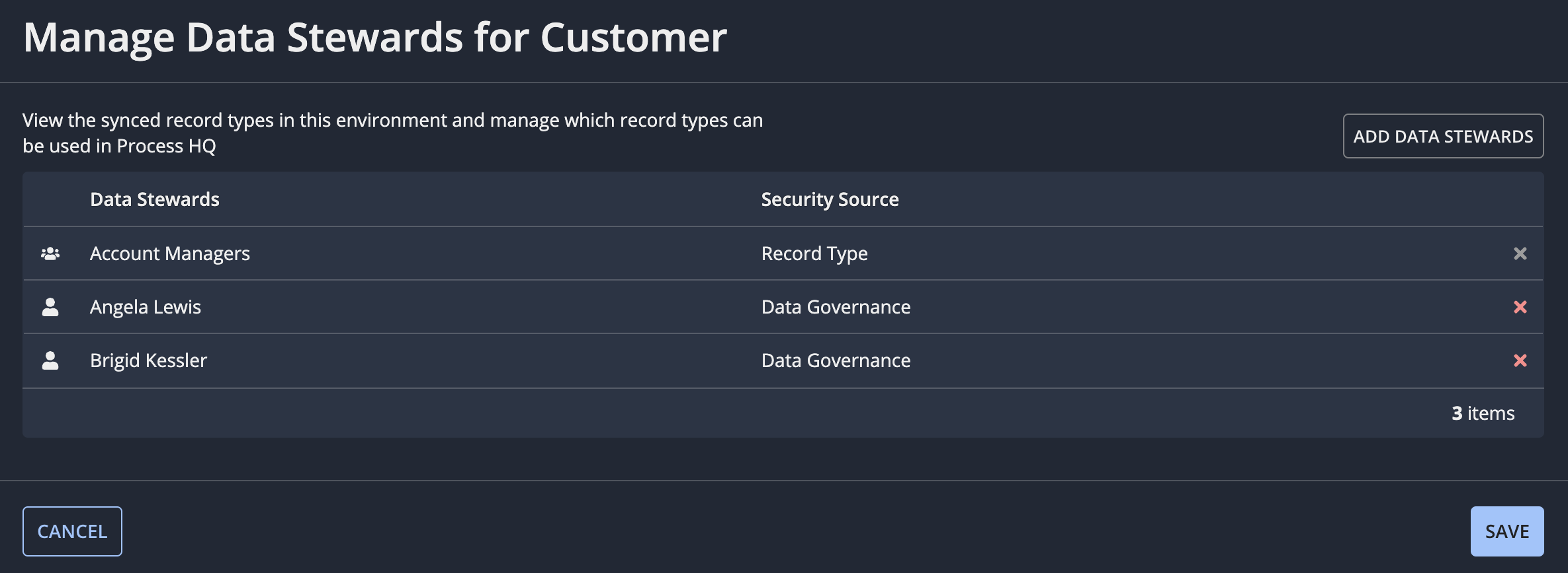 screenshot of the configure security dialog showing one group and one user assigned as data stewards