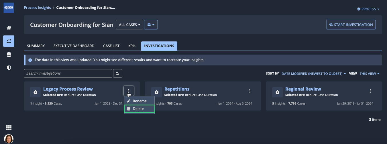 An insight in the saved investigation page with the Rename menu option highlighted