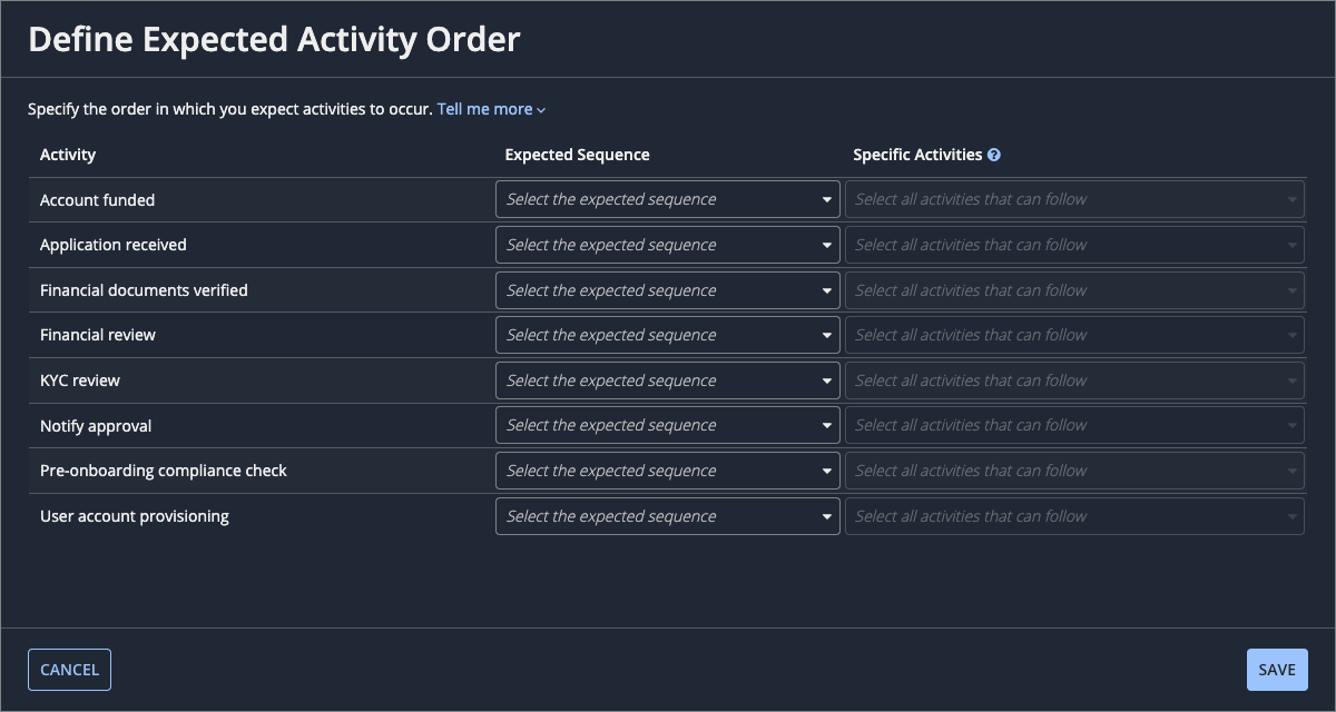 Define Expected Activity Order dialog