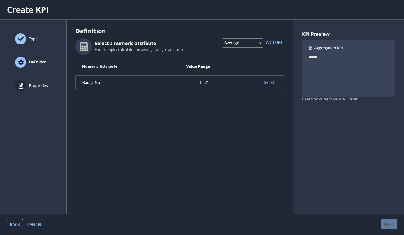 The aggregation KPI definition step in the Create KPI dialog