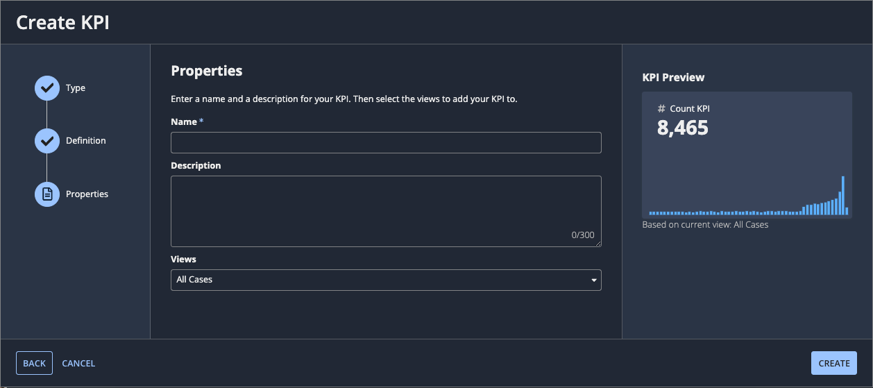 The Properties step of the Create a KPI dialog