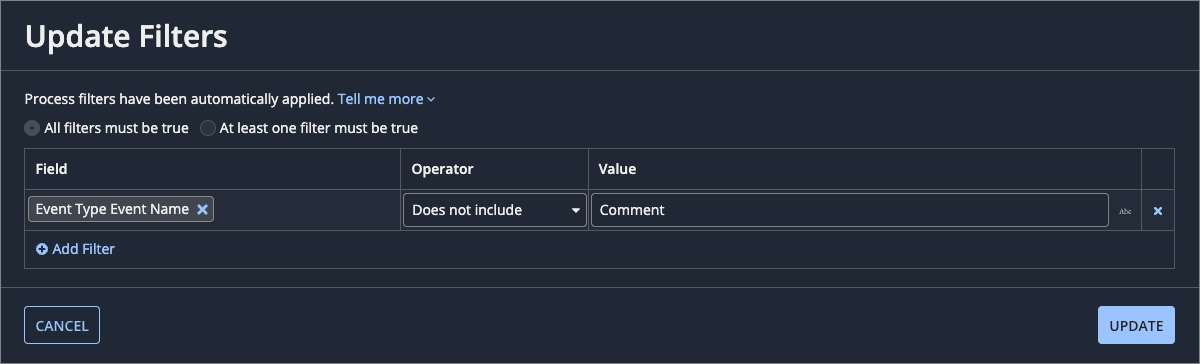 Process filter that filters out events with the word comment in the event type name 