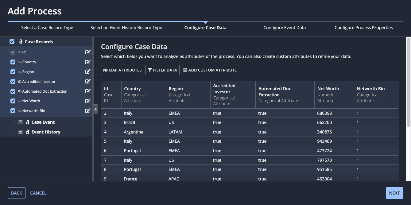  configure case data page showing selected fields and a preview of process data