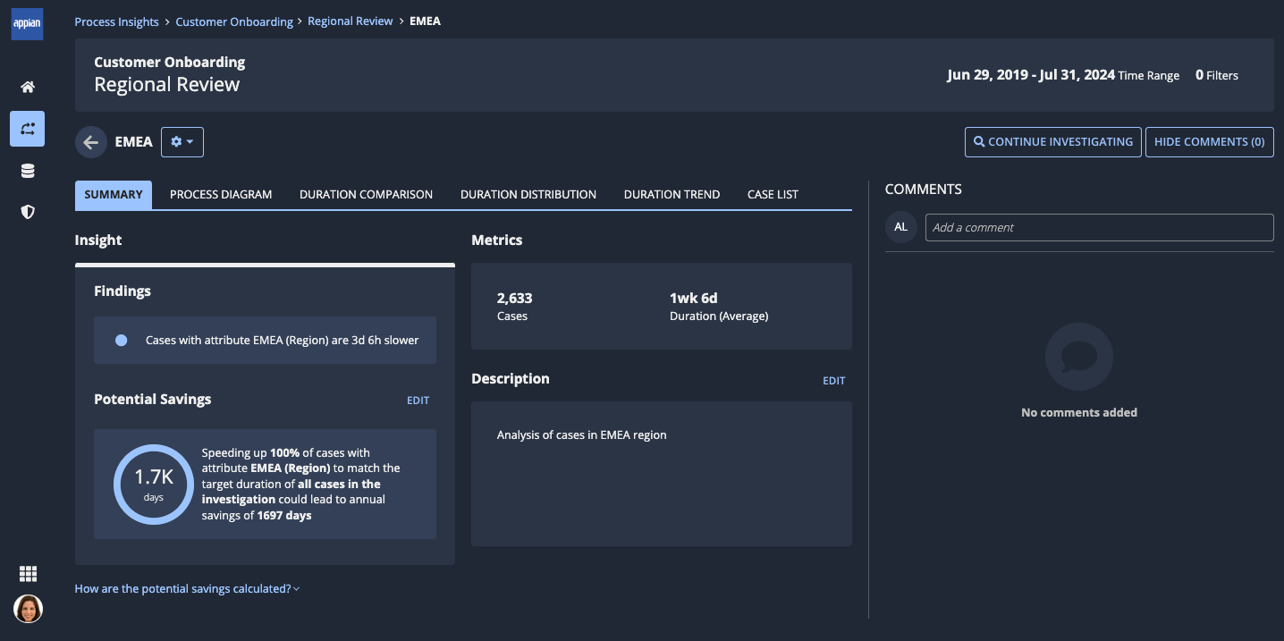 The insight details page for an insight named EMEA in the Regional Review investigation