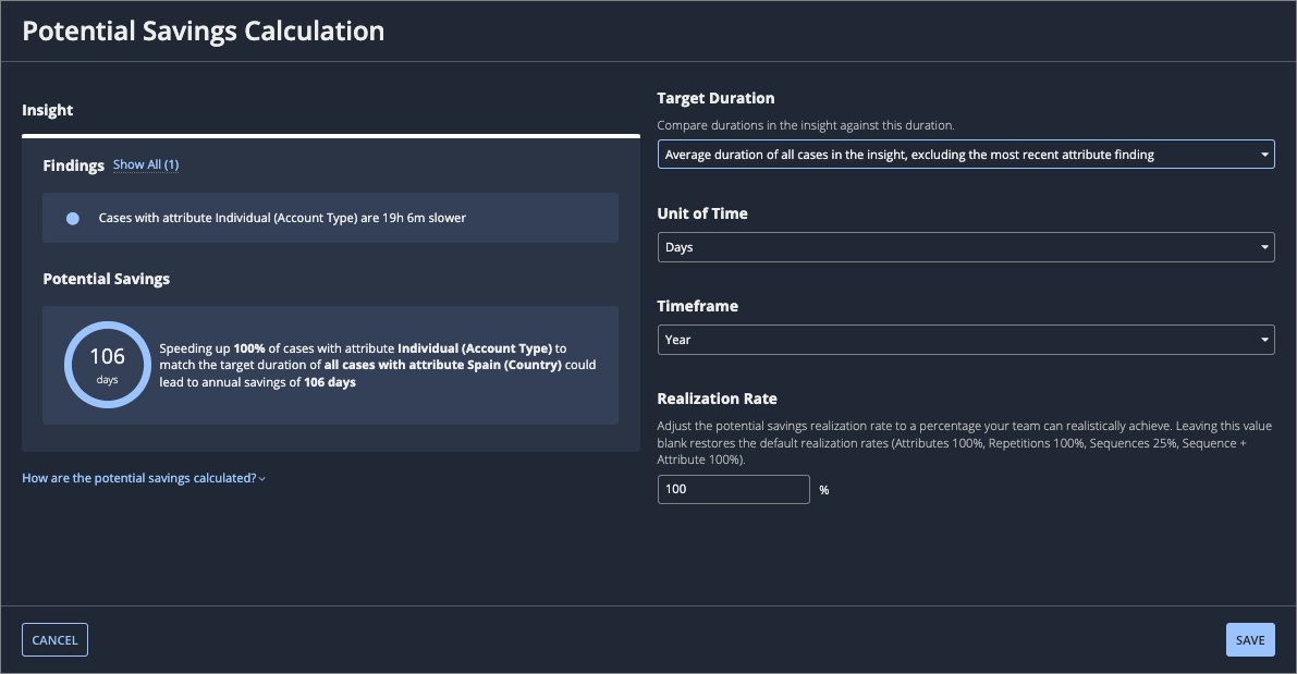 Potential Savings Calculation dialog