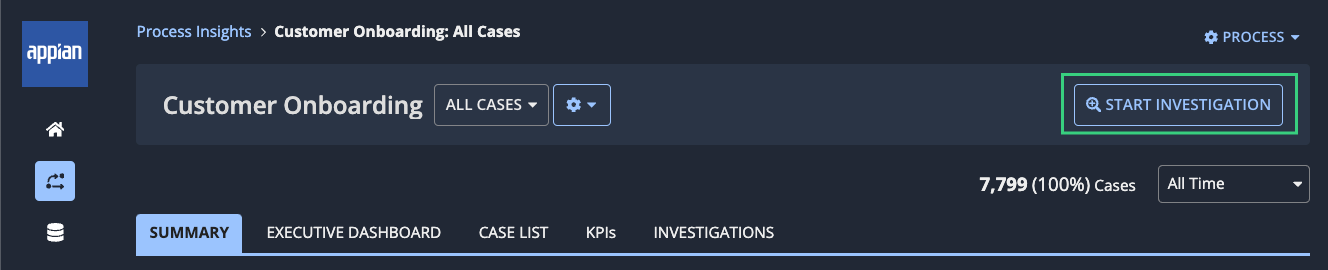 Process view with the Start Investigation button highlighted