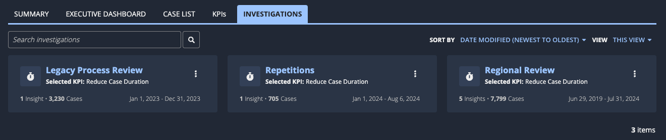 Investigations tab in a process view, displaying three investigations