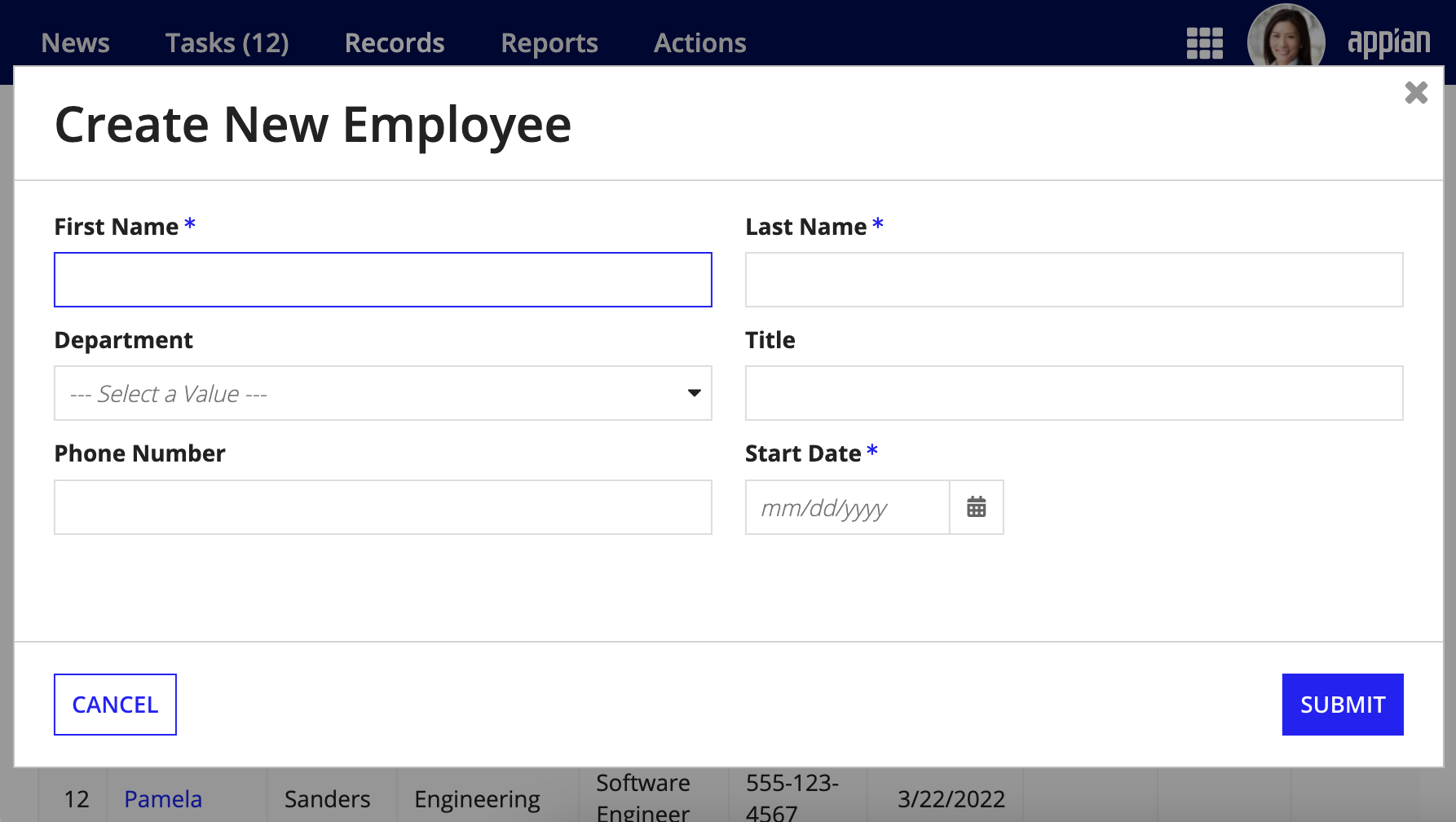 Create New Employee start form