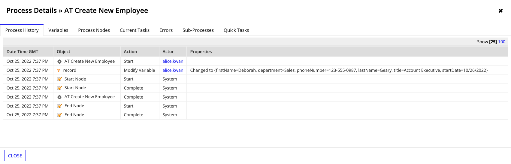 Process Details Process History tab