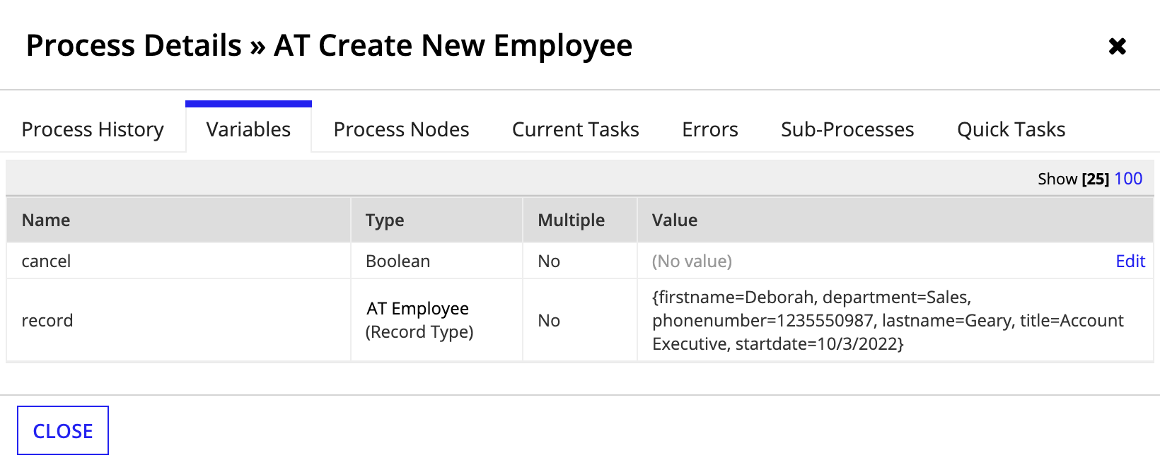 Process Details Variables tab