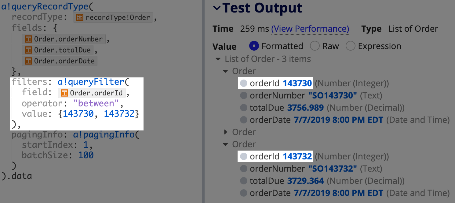 Filter with between operator