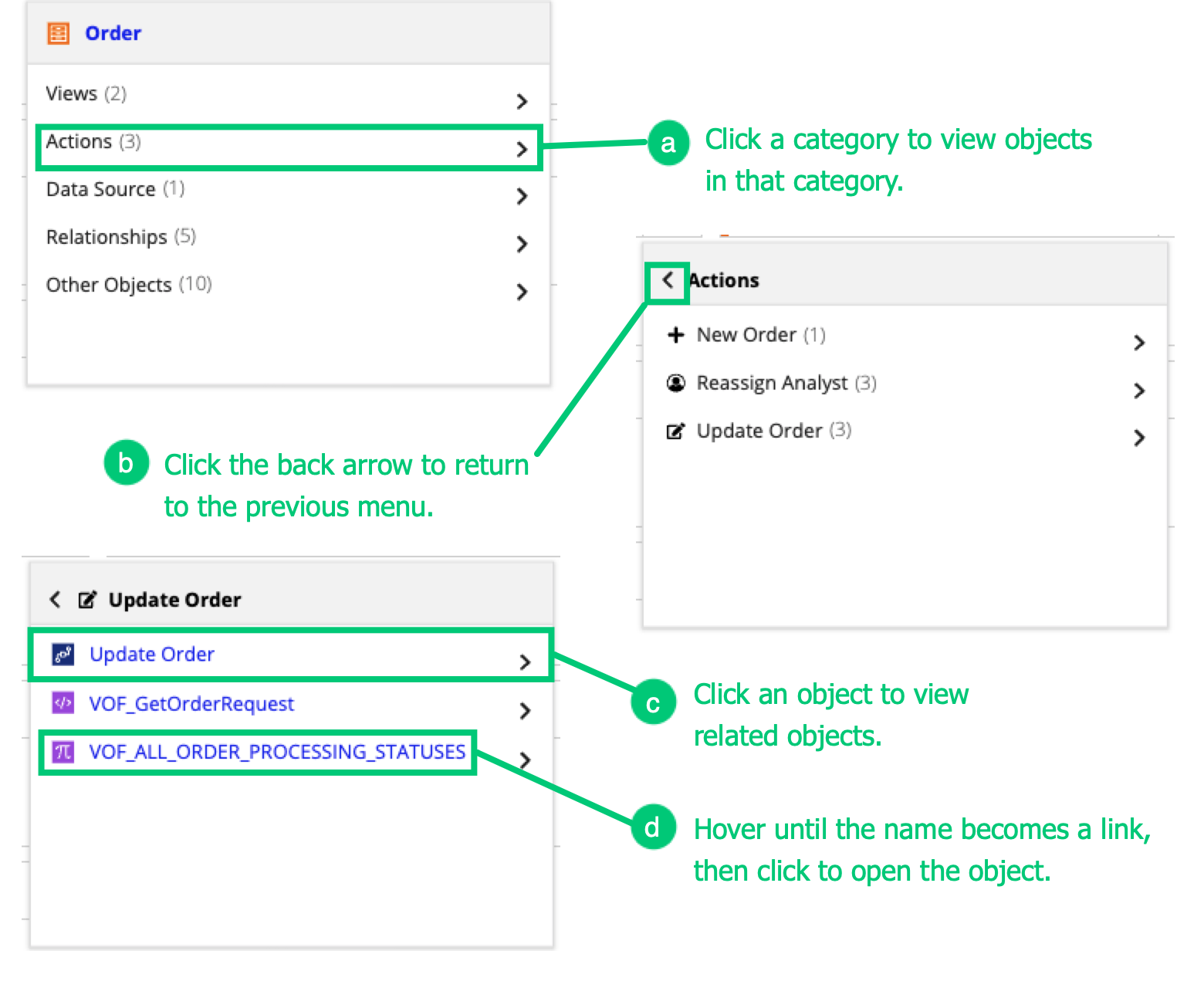 annotated screenshots of related object navigator