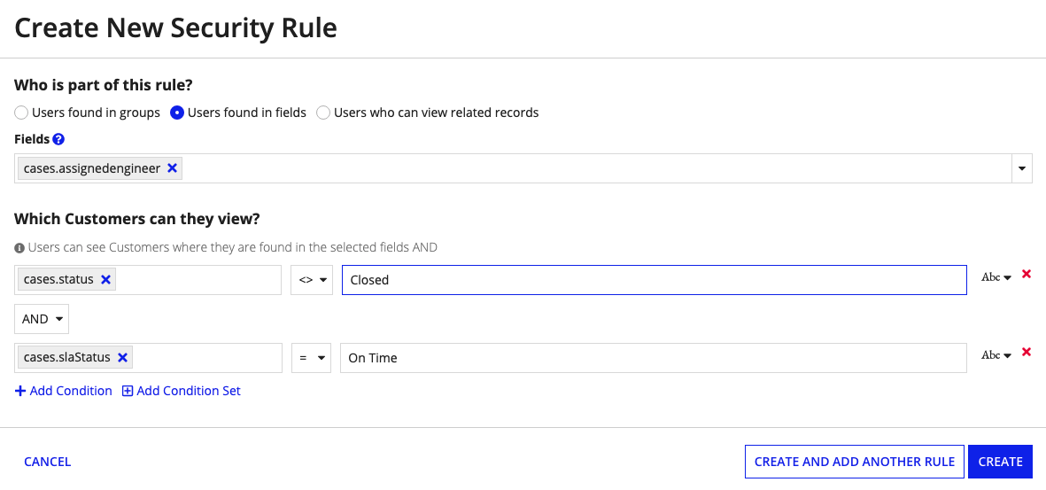 Security conditions on a security rule that apply the AND_ALL operator