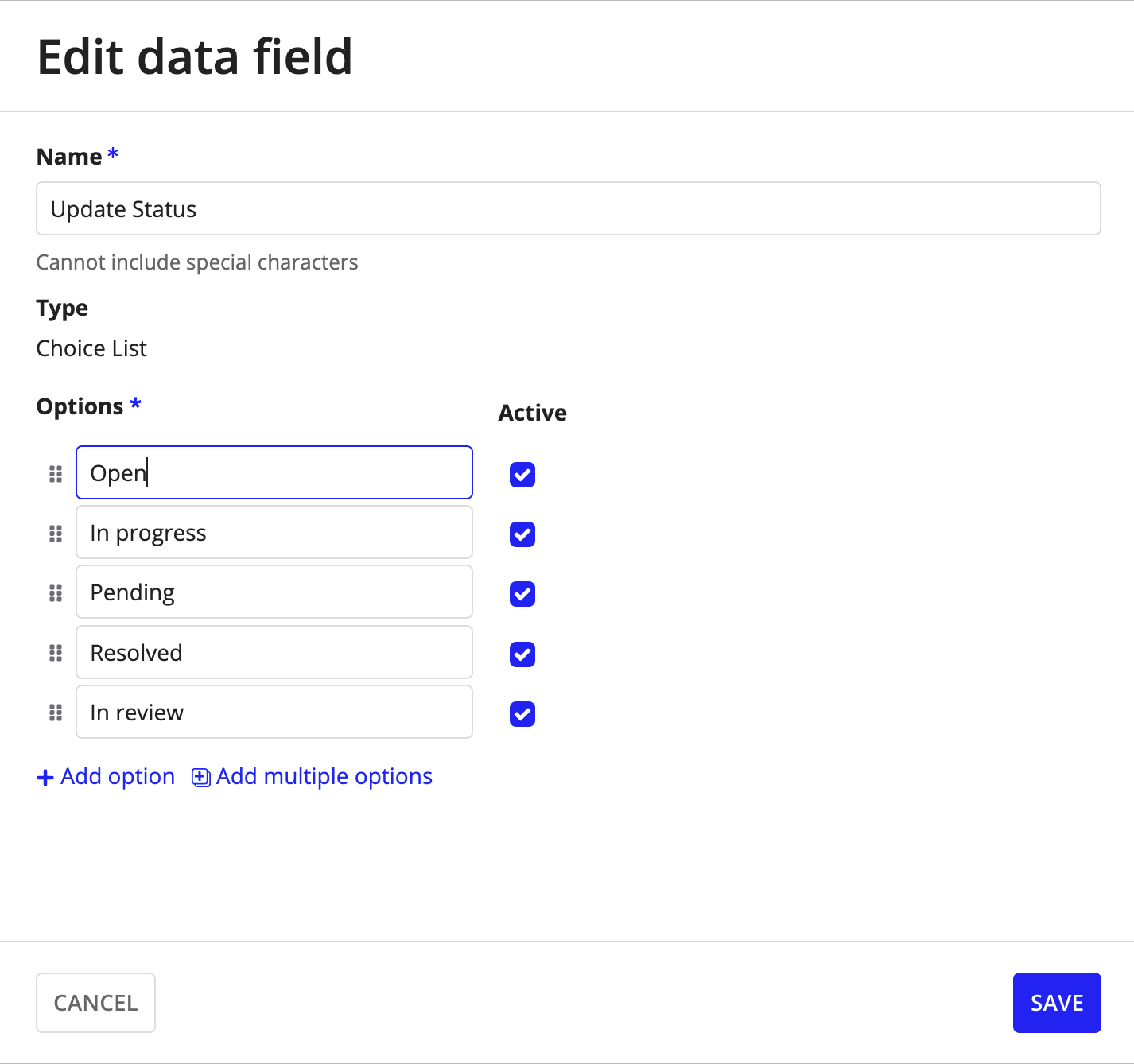 screenshot of editing choice list fields and marking them as active