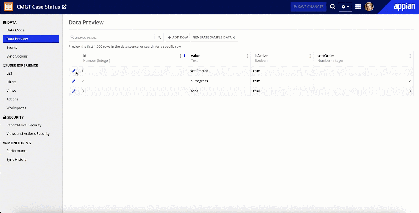 gif showing adding and editing rows of source data directly from the record type