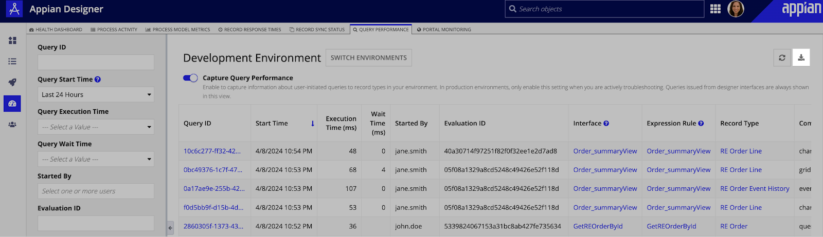 screenshot showing the export to excel button in the query performance tab