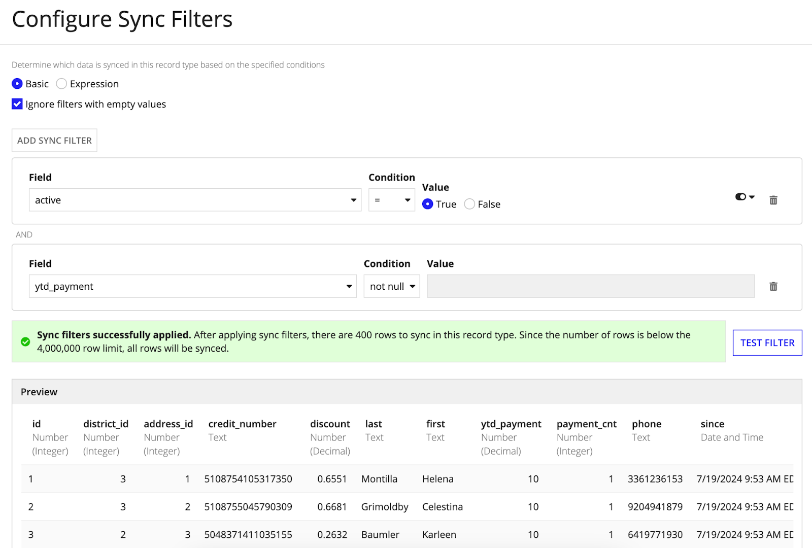 screenshot of configuring sync filters