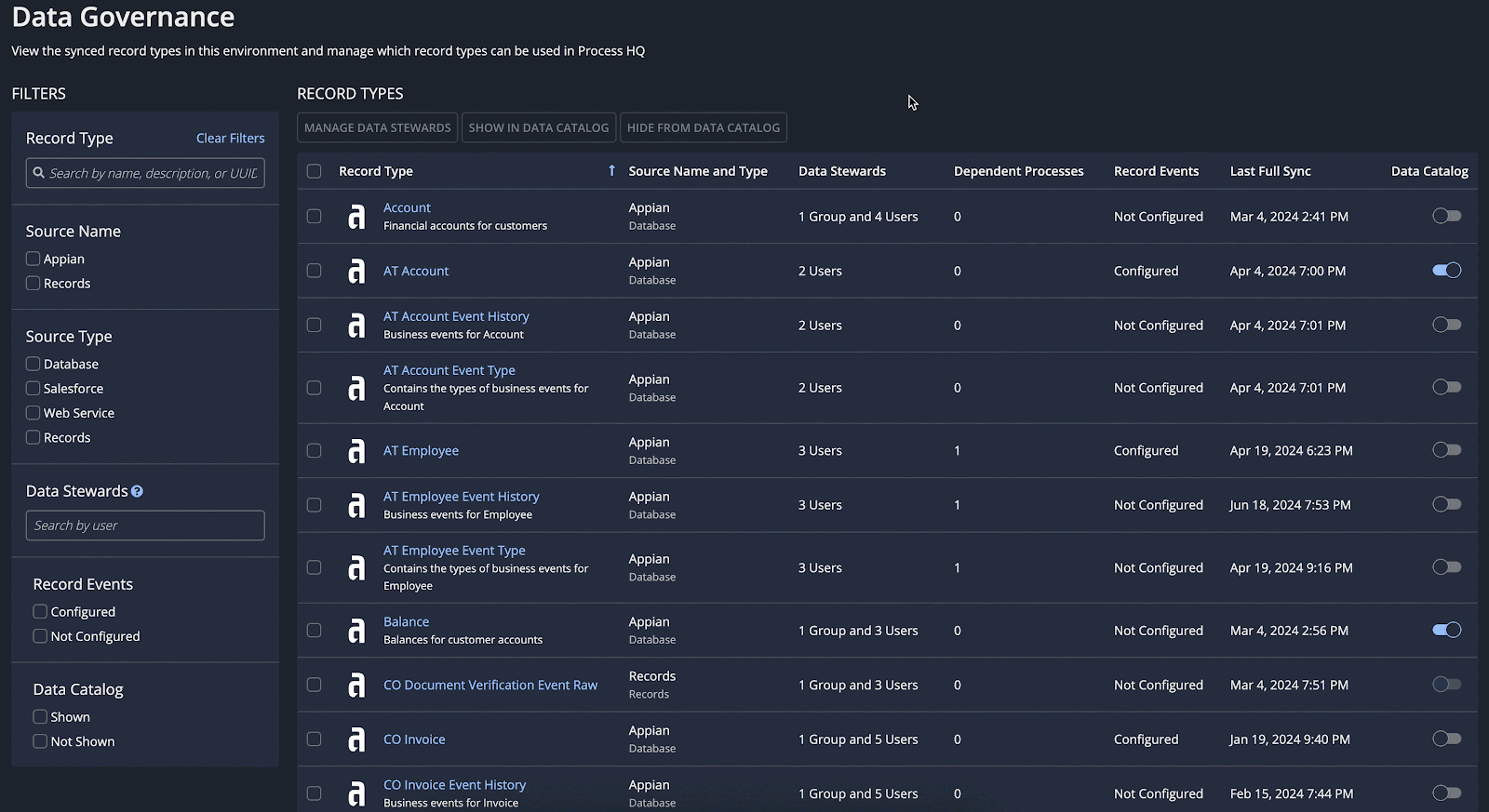 gif showing managing record types directly from the data governance page