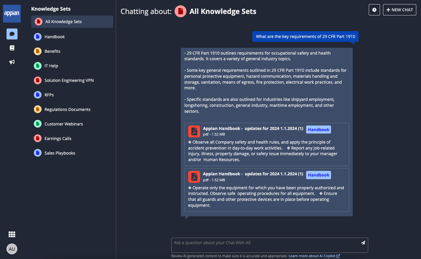 screenshot of chatting with AI Copilot about knowledge sets