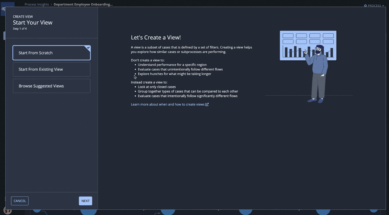 gif of AI copilot generating views in process insights