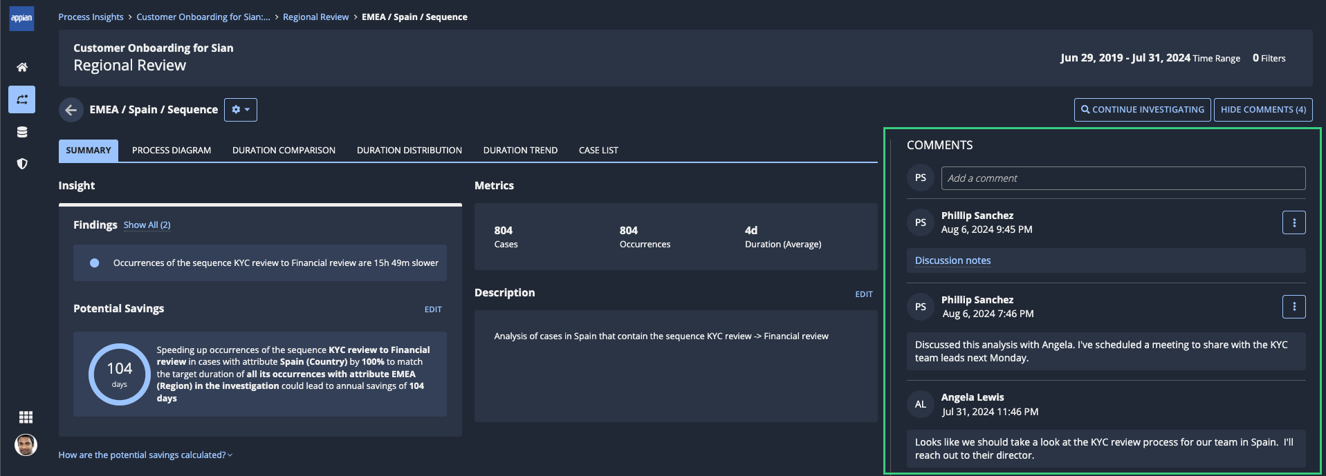 Examples of comments in the Comments pane of an insight