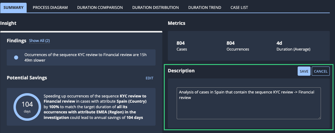 Example of text in the Description field of an insight