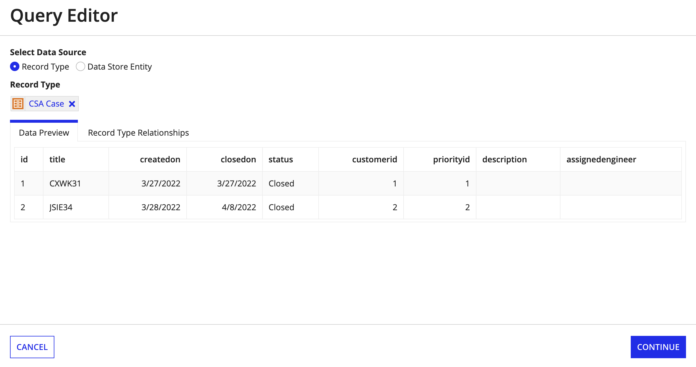 Data source selection for record type in query editor