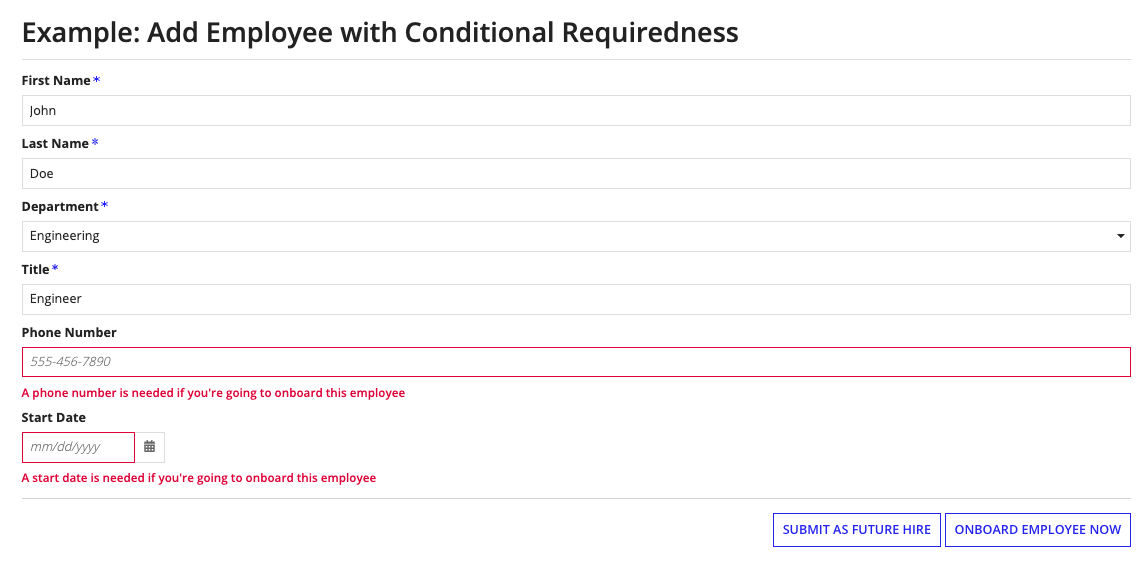 screenshot of a form with validations on the phone number and start date fields