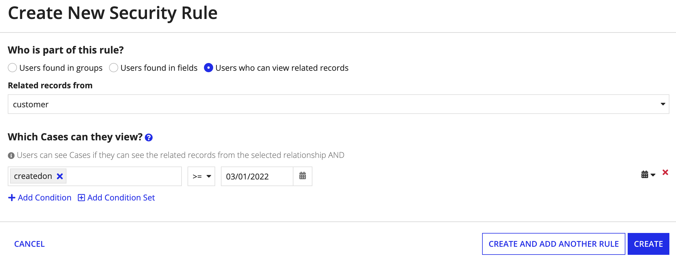 Security conditions on a security rule with a default security condition