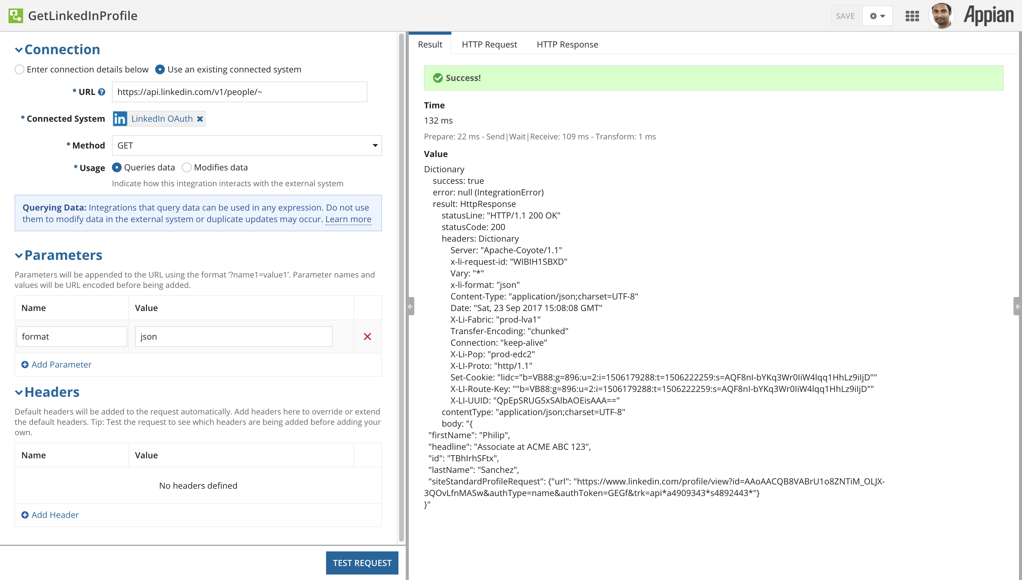 screenshot of an integration object configured to use OAuth authentication