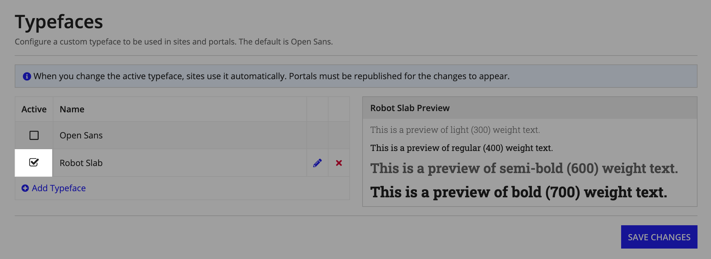 screenshot of the sites typeface page with Roboto Slab as the active typeface and shown in the preview
