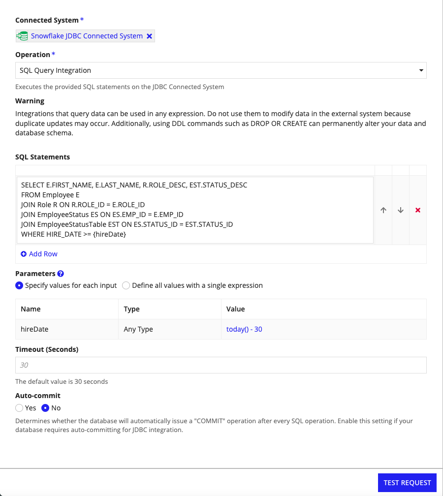 A SQL READ statement with a parameterized query.