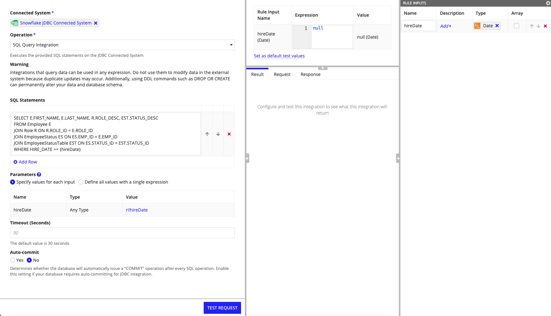 A SQL READ statement with a parameterized query referencing a rule input.