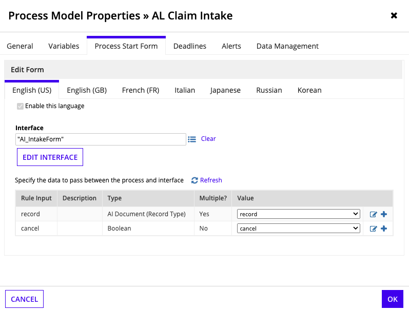 Configure the start form