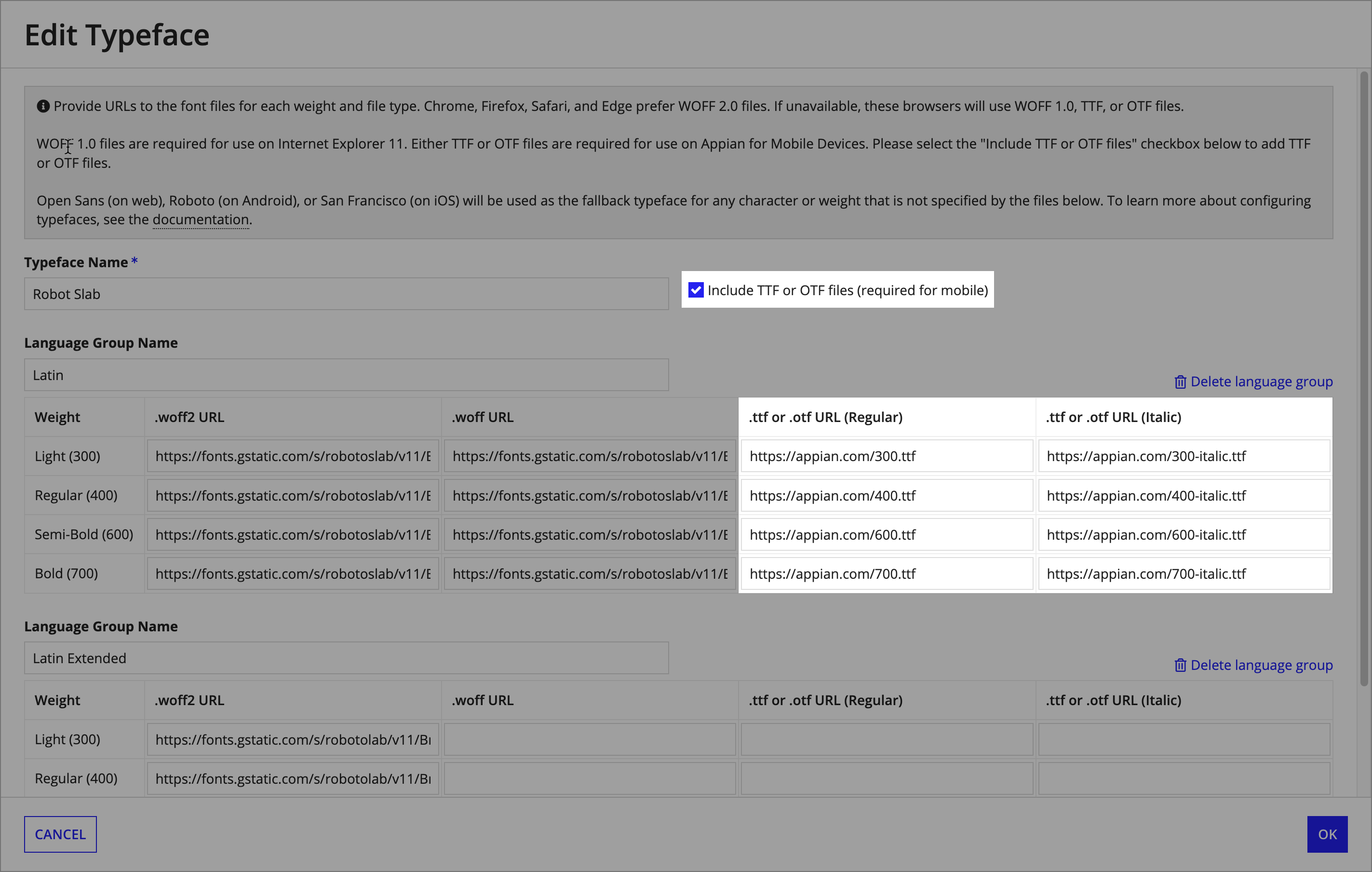 screenshot of adding the mobile font files into the Add Typeface dialog